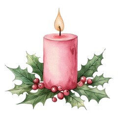 A pink candle surrounded by holly leaves and red berries, creating a festive and warm atmosphere perfect for holiday decorations.