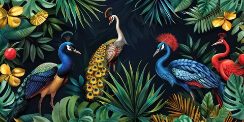 Tropical Birds Amidst Lush Foliage
