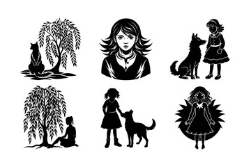 6 bundle vector silhouette Trees girl dog