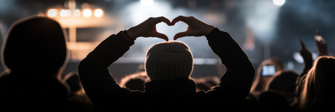 A silhouette of a person making a heart gesture amidst a vibrant concert atmosphere, with bright stage lights in the background, expressing love and connection through music. - Powered by Adobe