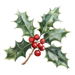 A festive holly branch featuring glossy green leaves and bright red berries, symbolizing holiday cheer and winter beauty.