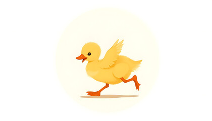 A whimsical scene: a tiny duckling runs across a minimalist white background