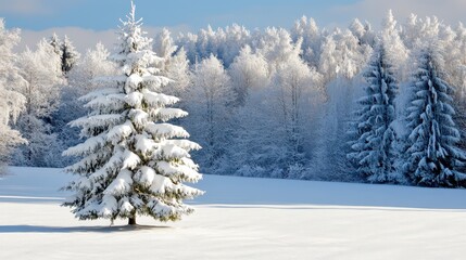 Fototapeta premium single pine tree covered in fresh snow standing in a snowy field