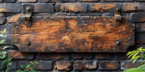 Naklejka premium Rustic Wooden Sign on a Brick Wall