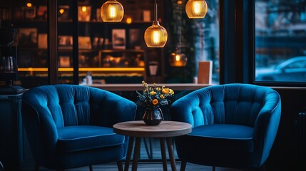 Cozy cafe interior with blue velvet armchairs, wooden table, and warm lighting.