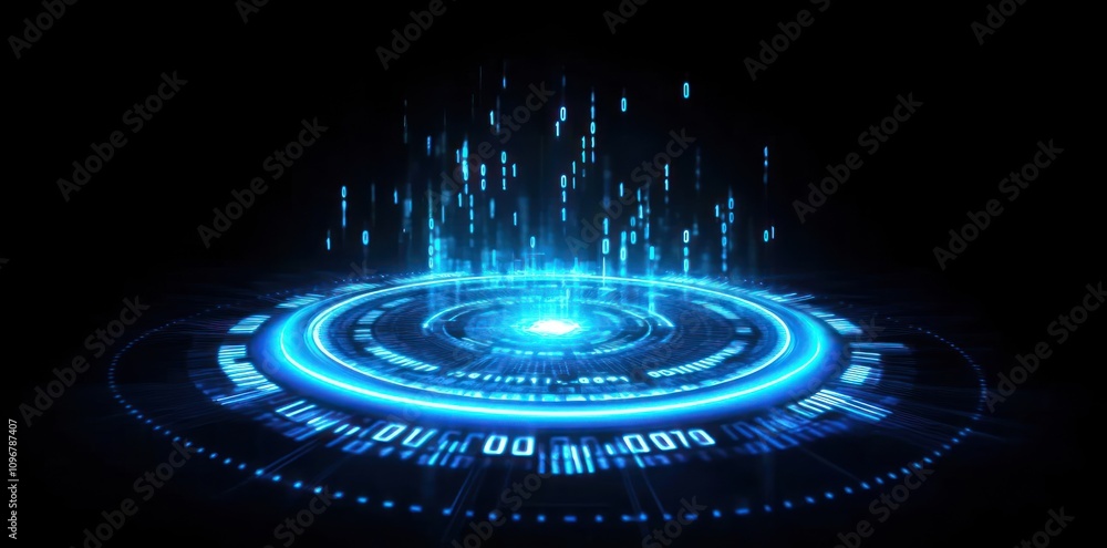 Aufkleber A futuristic digital interface with glowing blue elements and data streams.