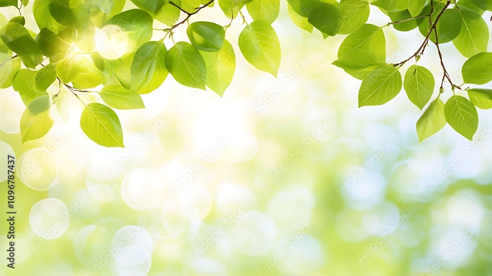 Poster a harmonious scene of lush greenery, blurred to create depth and charm, with intentional negative sp