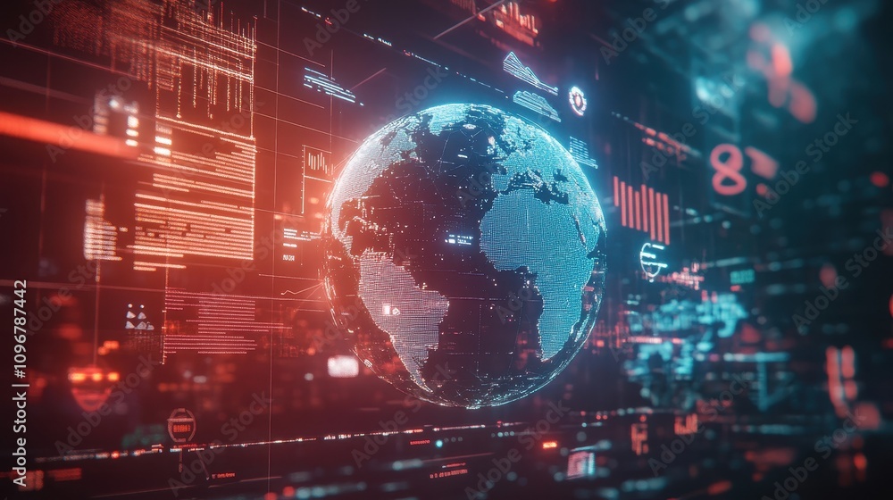Poster a computer screen shows a glowing globe with a red and blue background
