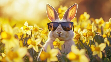 Fototapeta premium Rabbit with Sunglasses and Daffodils