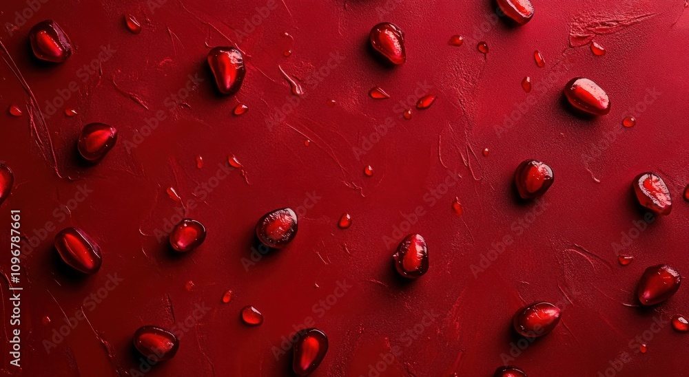 Poster a close-up of red berries on a textured red surface, creating a vibrant and artistic display.