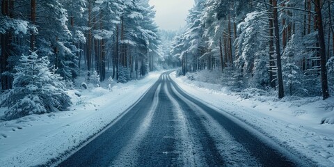 Snowy Road Through a Winter Forest