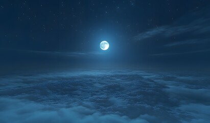 3D rendering of a full moon shining above the clouds at night. Starry sky with copy space. Fantasy background, moonlight. Space concept.