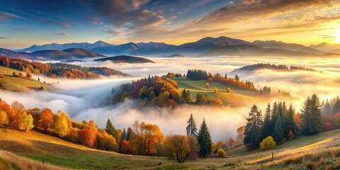 Golden Hour in the Mountain Valley, a Serene Symphony of Fog, Sunbeams, and Autumnal Colors