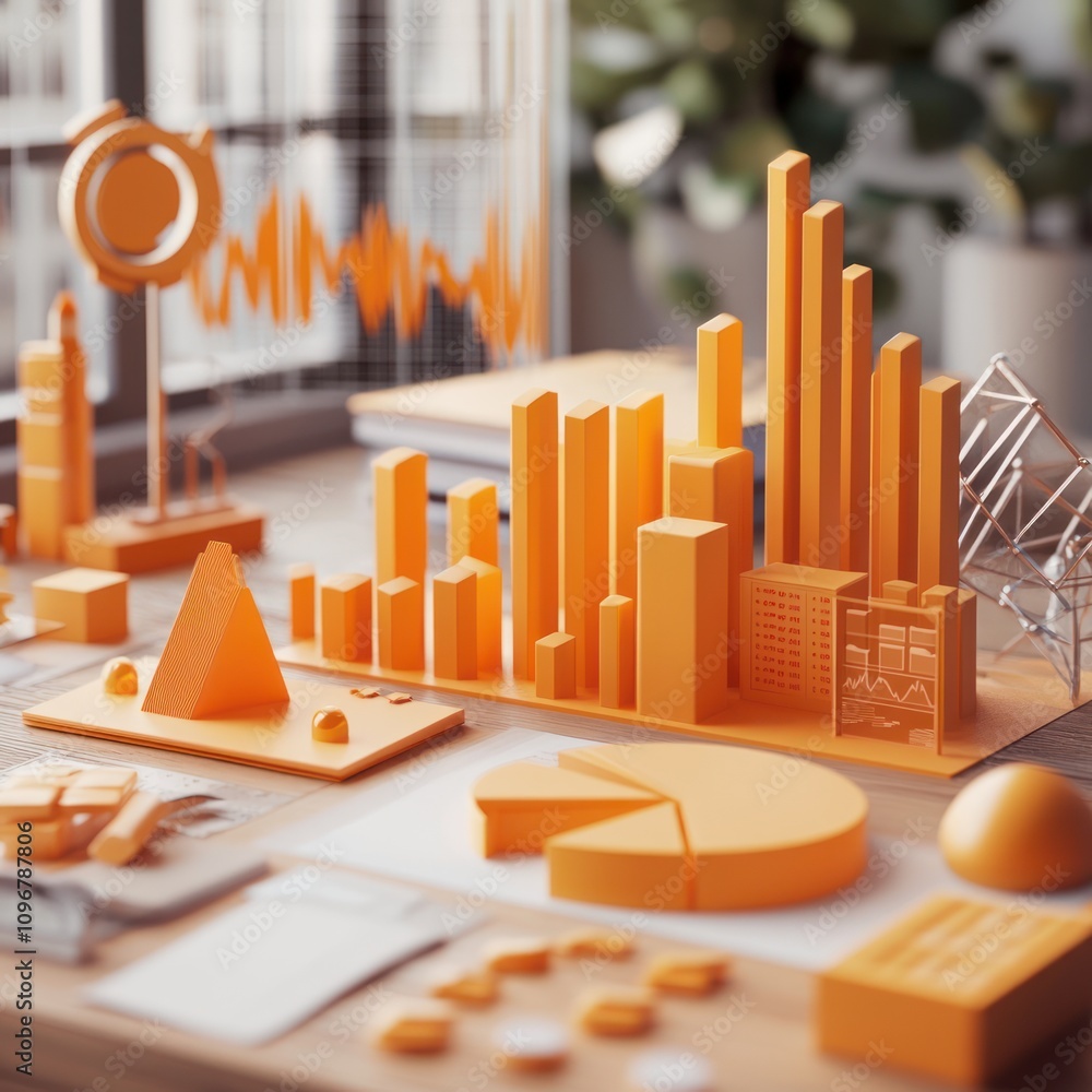 Poster A vibrant workspace featuring orange geometric shapes and data visualizations.