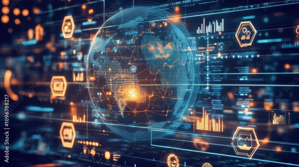 Poster a computer screen shows a globe with many different icons