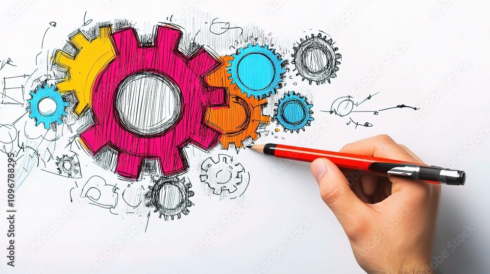 Poster vibrant hand drawing of colorful gears symbolizing business concepts and innovation in a creative wo