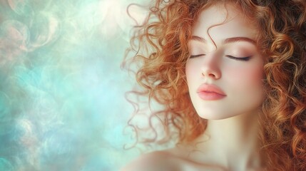 Fototapeta premium Serene Beauty of a Young Woman with Curly Hair Showcasing Calmness and Peace, Exuding Tranquility and Natural Elegance in a Soft, Dreamy Atmosphere