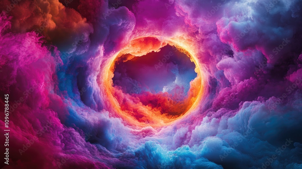 Poster A surreal and glowing circular portal opening into a strange dimension, filled with colorful clouds and abstract shapes that suggest a different reality.