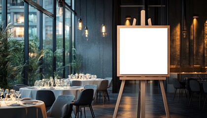 White blank canvas on an easel for wedding table decoration mockup, a square shape with a wooden frame, 