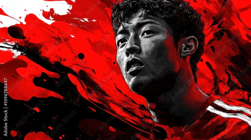 Poster a dynamic illustration of a football player with a bold, abstract red background.
