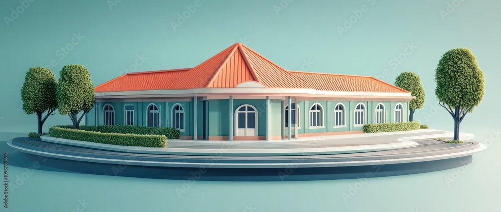 Poster a stylized building with a red roof, surrounded by greenery and a circular pathway.