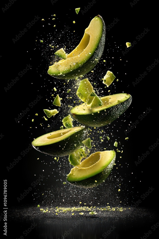 Poster a visually striking image of avocado slices appearing to float and break apart against a dark backgr