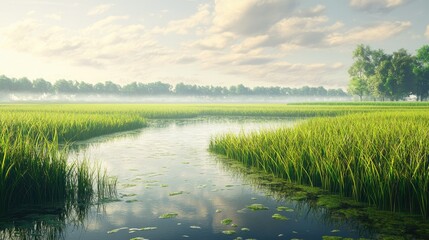 A tranquil rice paddy field with vibrant green stalks, calm water mirroring the sky, and an idyllic rural landscape in the background.