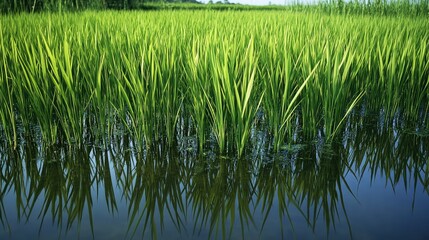 Fototapeta premium A tranquil rice paddy field with vibrant green stalks, calm water mirroring the sky, and an idyllic rural landscape in the background.