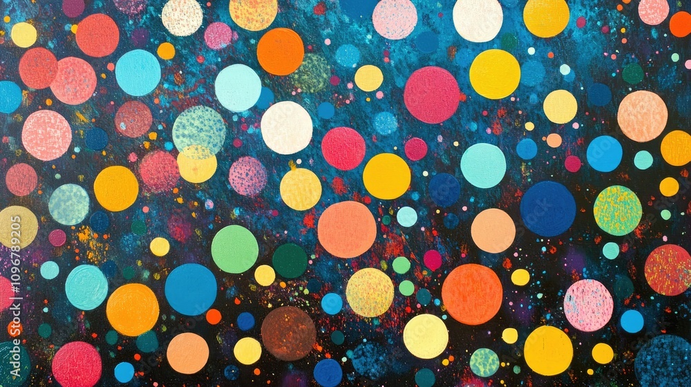 Poster A vibrant arrangement of abstract dots in different sizes and colors, creating a dynamic and visually interesting pattern for contemporary artwork.
