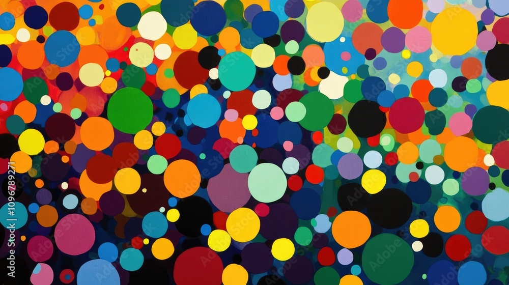 Poster A vibrant arrangement of abstract dots in different sizes and colors, creating a dynamic and visually interesting pattern for contemporary artwork.