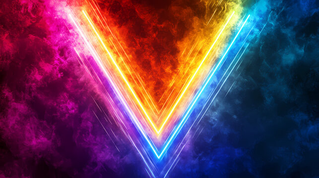 Abstract background with vibrant, colorful, glowing lines of light, radiating out from the center in a v shape. Psychedelic Neon Waves. Illustration