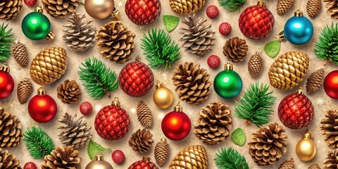 A festive Christmas pattern of red, gold, and green baubles, gold pine cones, brown pine cones, and sprigs of pine needles on a beige background.