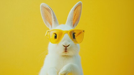 White Rabbit with Yellow Sunglasses on Yellow Background