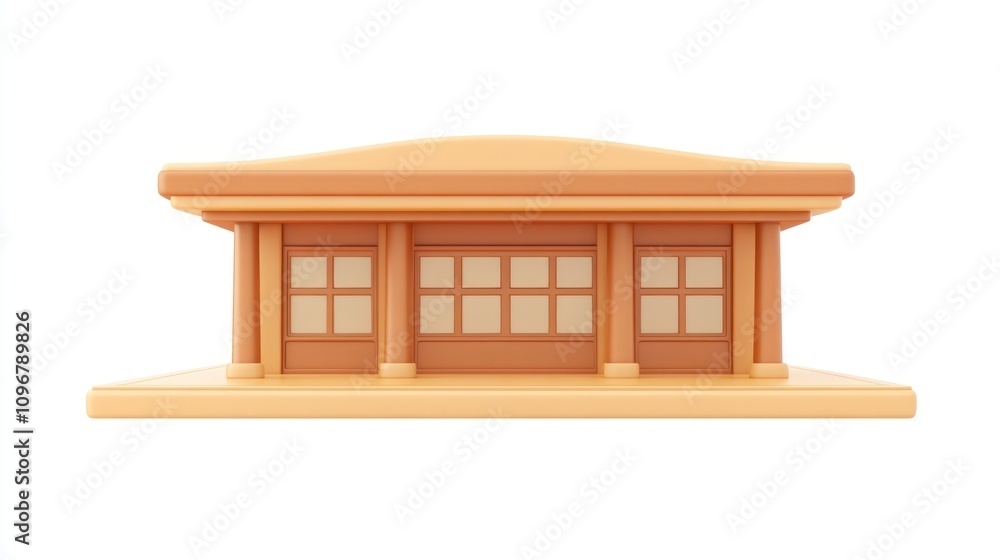 Aufkleber a simple, stylized building with a curved roof and multiple windows.