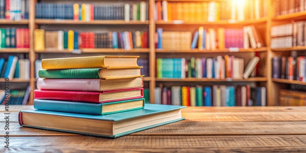 Aufkleber A colorful stack of books on a rustic wooden table in front of a bookshelf filled with diverse literature