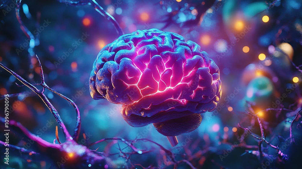 Poster colorful brain representation with neural connections highlighting cognitive functions and dementia 