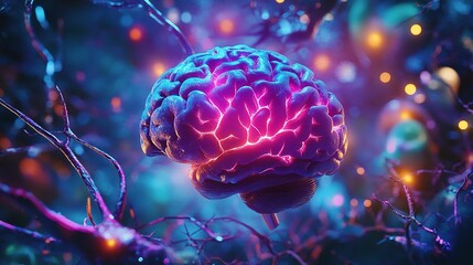Colorful Brain Representation with Neural Connections Highlighting Cognitive Functions and Dementia Awareness in a Vivid, Artistic Visualization