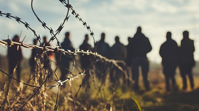 Closeup of barbed wire fence with a group of people in the background, symbolizing asylum and immigration challenges