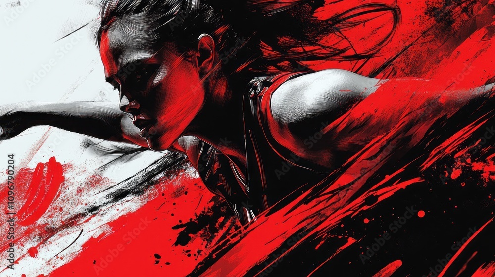 Poster dynamic illustration of an athlete in motion, emphasizing strength and energy through bold colors.