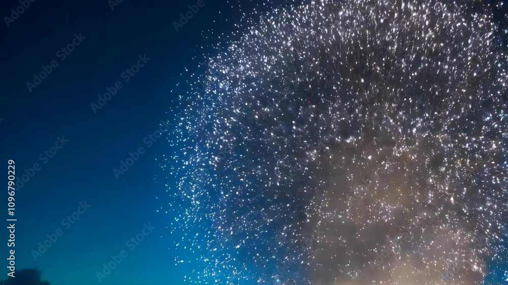 Aufkleber tiny particles converge at the center before bursting outward in a gentle explosion against a deep b