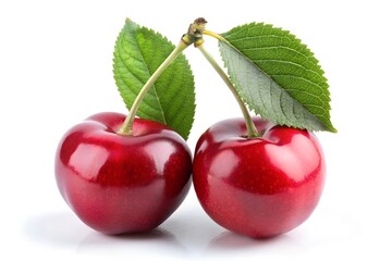 two red apples with leaves on white Background 