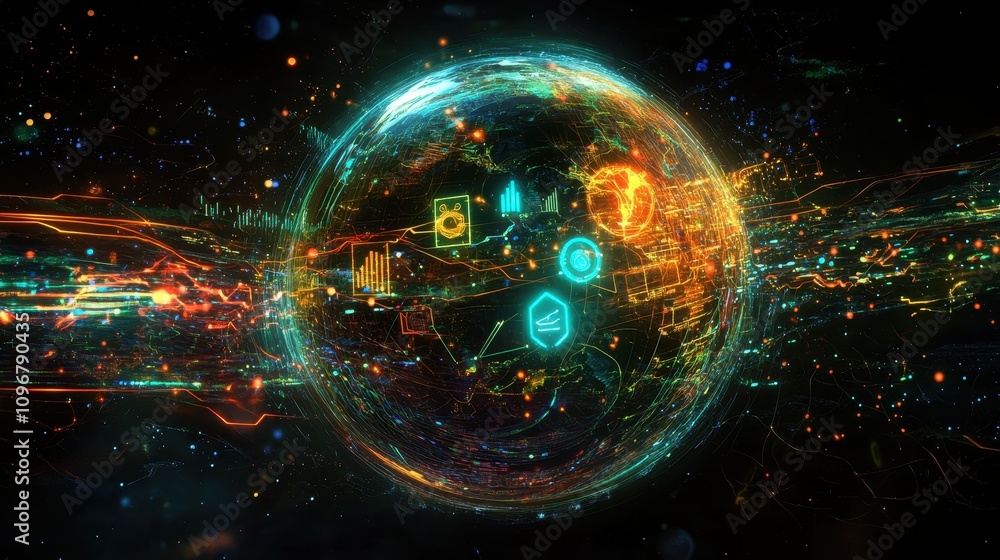 Poster a colorful sphere with many symbols and numbers on it