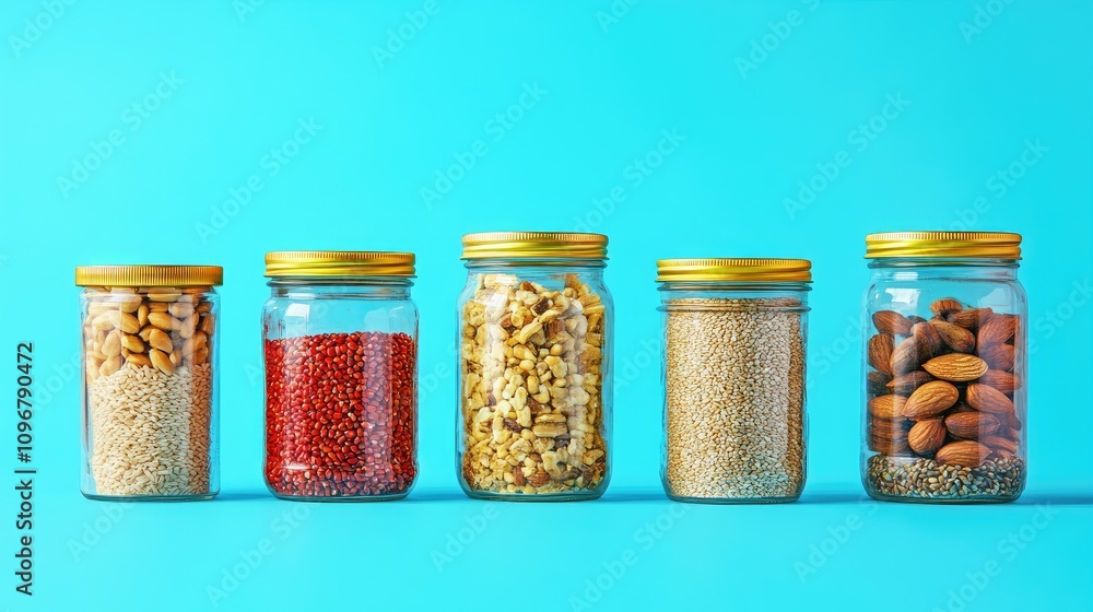 Poster assorted colorful jars filled with grains and nuts, placed on a bright blue background, showcasing t