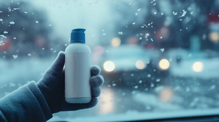 A hand wearing a glove holds a lotion bottle in focus, contrasted against a snowy urban backdrop with blurred car lights, illustrating the essence of winter care.