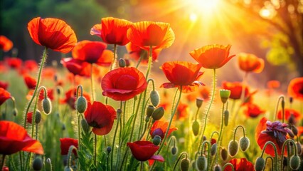 A vibrant field of poppies bathed in the golden glow of the setting sun, creating a breathtaking scene of natural beauty.