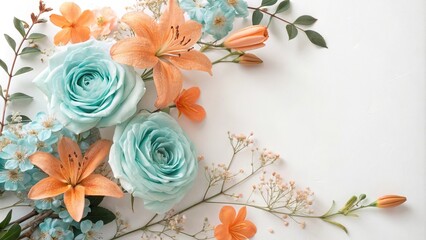 Whimsical floral arrangement with delicate blooms in shades of cyan and orange, whimsical flowers, colorful arrangements, cyan orange color combination