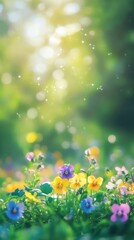 Fototapeta premium close-up shot of pansy flowers with green environment