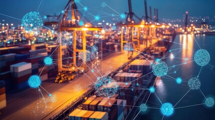 Obraz premium Vibrant Global Logistics Network Illustration Showcasing Container Port Operations and Advanced Connectivity Solutions for Efficient Supply Chain Management
