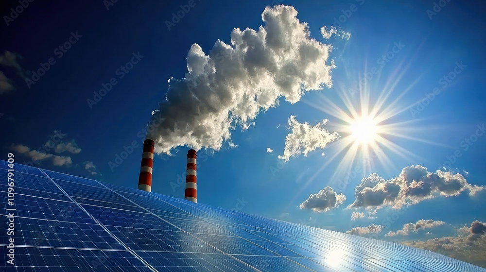 Poster solar panels glistening under the sun, contrasting with a factory smokestack releasing dark clouds, 