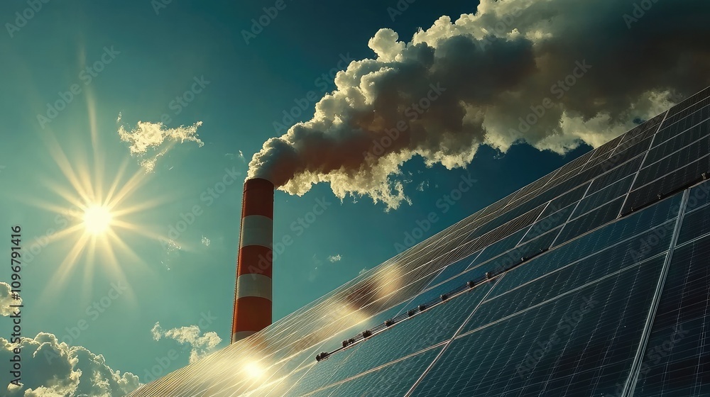 Poster solar panels glistening under the sun, contrasting with a factory smokestack releasing dark clouds, 